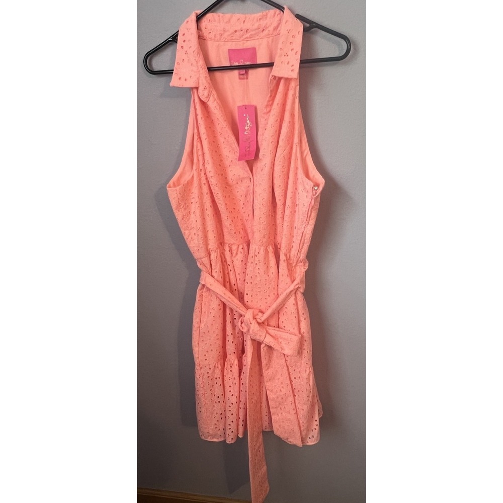 Lilly Pulitzer Coral Peach Eyelet Trisha Shirt Sleeveless Dress 16 P New $218